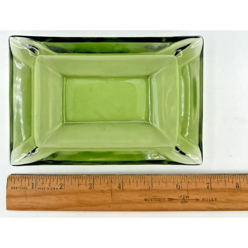 Vintage Rectangle Green Glass Ashtray MCM Trinket Keys Bowl 6 inches